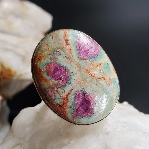 Handcrafted Artisan Jewelry - Rare Ruby In Fuchsite Stone Silver Ring